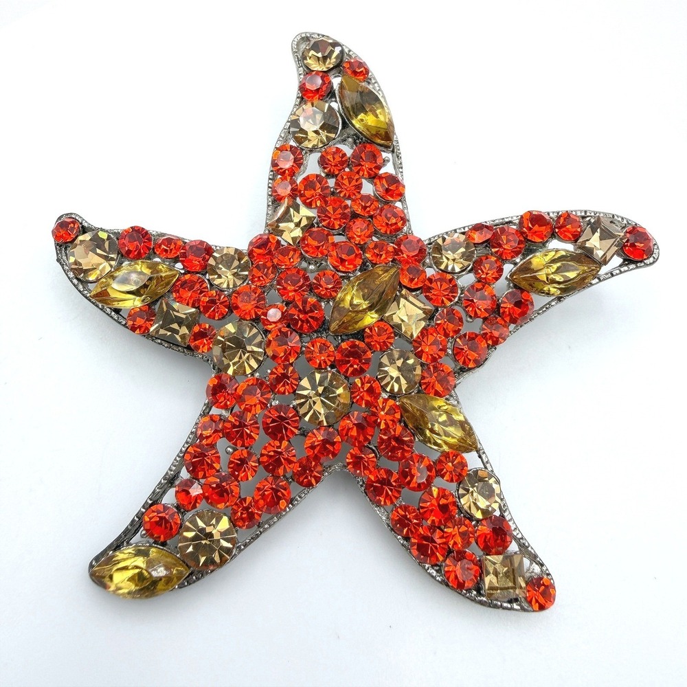 Vintage Red Yellow Rhinestones Silver-Tone Aluminium Starfish-Shaped Brooch Pin